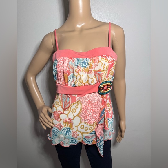 Three Pink Hearts Tops - Y2K Three Pink Hearts Trixxi Floral Chiffon Beaded‎ Tank Size L Fairy Babydoll
